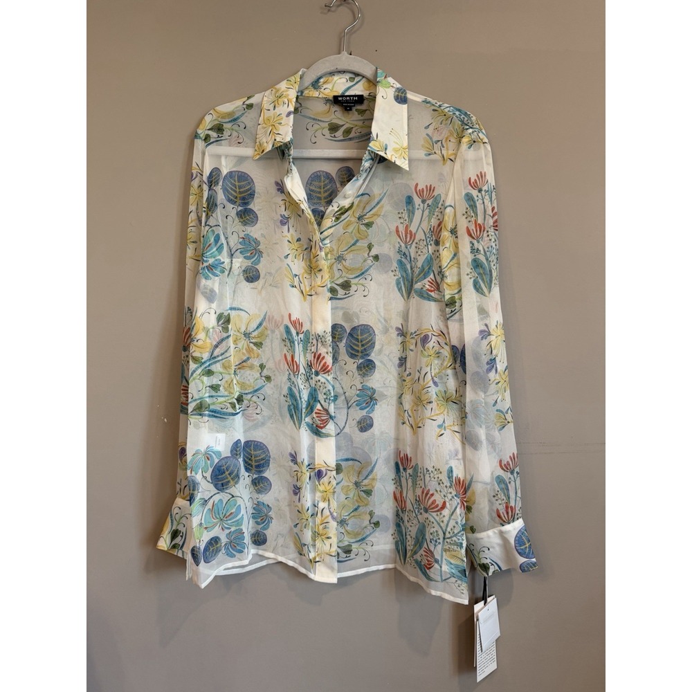 NEWWorth NY Sheer Silk Blouse Shirt Sz M Colorful Floral Bird Long Sleeve Button